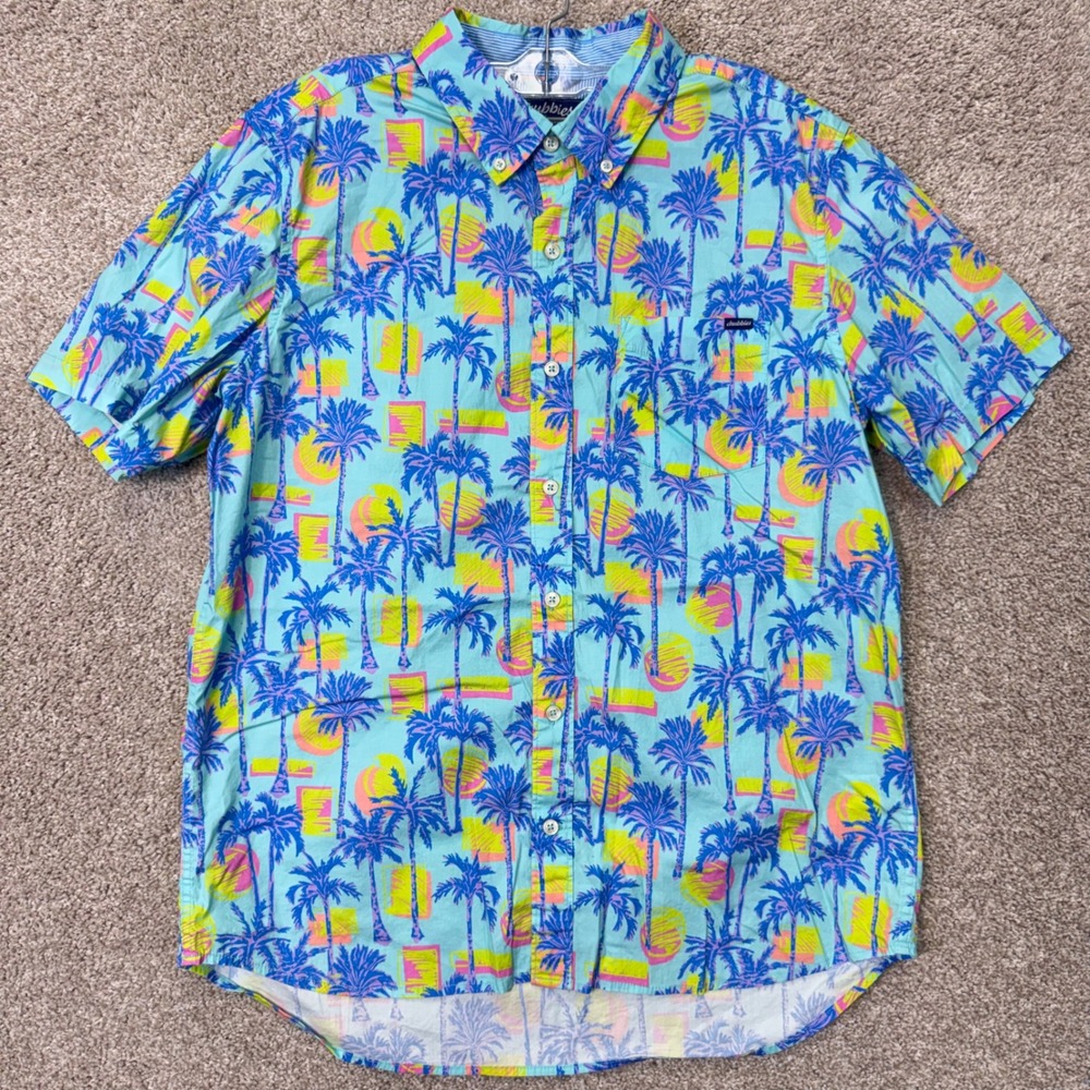 Chubbies Shirt Mens Large The Weekend Light Blue Palm Tree Tropical Stretch EUC